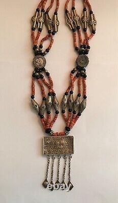 Old Tajik Wedding Necklace With Natural Salmon Coral, Black Onyx Beads 34