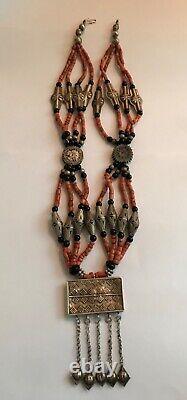 Old Tajik Wedding Necklace With Natural Salmon Coral, Black Onyx Beads 34