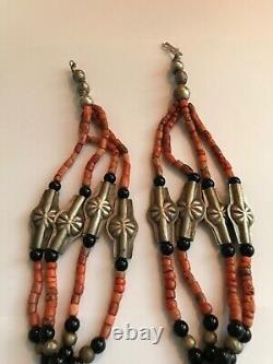 Old Tajik Wedding Necklace With Natural Salmon Coral, Black Onyx Beads 34