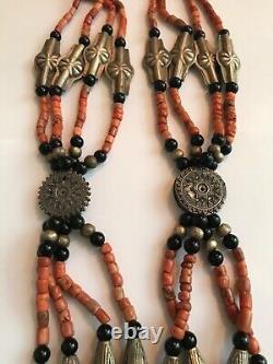 Old Tajik Wedding Necklace With Natural Salmon Coral, Black Onyx Beads 34