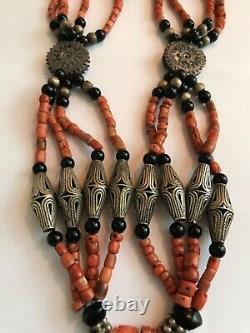 Old Tajik Wedding Necklace With Natural Salmon Coral, Black Onyx Beads 34