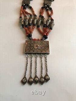 Old Tajik Wedding Necklace With Natural Salmon Coral, Black Onyx Beads 34