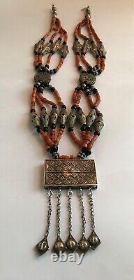 Old Tajik Wedding Necklace With Natural Salmon Coral, Black Onyx Beads 34