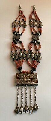 Old Tajik Wedding Necklace With Natural Salmon Coral, Black Onyx Beads 34