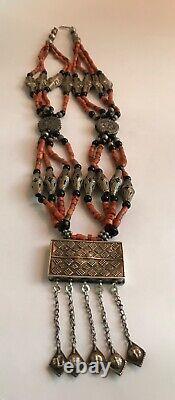 Old Tajik Wedding Necklace With Natural Salmon Coral, Black Onyx Beads 34