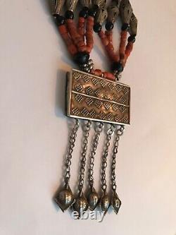 Old Tajik Wedding Necklace With Natural Salmon Coral, Black Onyx Beads 34