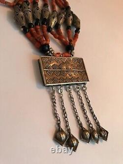 Old Tajik Wedding Necklace With Natural Salmon Coral, Black Onyx Beads 34