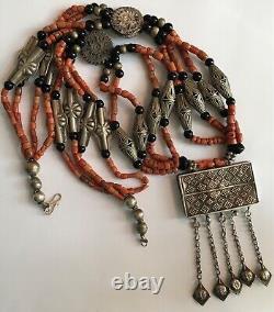 Old Tajik Wedding Necklace With Natural Salmon Coral, Black Onyx Beads 34