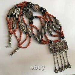 Old Tajik Wedding Necklace With Natural Salmon Coral, Black Onyx Beads 34