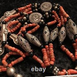 Old Tajik Wedding Necklace With Natural Salmon Coral, Black Onyx Beads 34