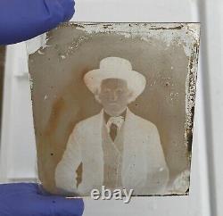 Old Vintage Antique Ambrotype Photo Man with Western Cowboy Hat & Checkered Vest