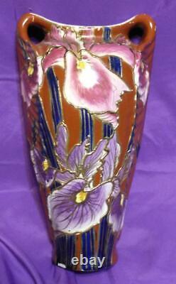 Old Vintage Antique Art Pottery Asian Vase Urn China or Japanese Iris Flowers