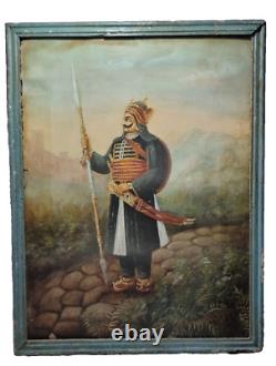 Old Vintage Antique Beautiful Maharana Pratap Hand Art Painting in Wooden Frame