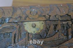 Old Vintage Antique Carved Wood Pictorial Scene Chinese Box Chest 6 x 10 x 5