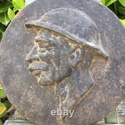 Old Vintage Antique Cast Iron Plaque Depicting The Head Of A French Miner