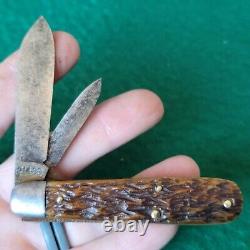Old Vintage Antique Cattaraugus 21489 Bone Stag Barehead Jack Pocket Knife