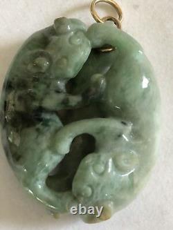 Old Vintage Antique Chinese Carved Jade Double Cats Pendant, Finely Carved