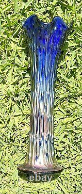 Old Vintage Antique Fenton April Showers Carnival Glass Vase Blue Glass 10.75