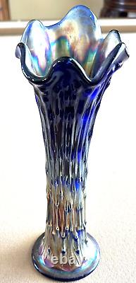 Old Vintage Antique Fenton April Showers Carnival Glass Vase Blue Glass 10.75
