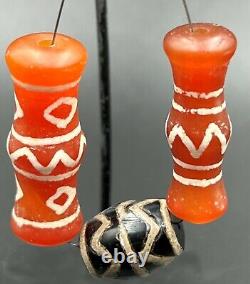 Old Vintage Antique Himalayan Style Etched Pained Carnelian Agate Beads Pendant