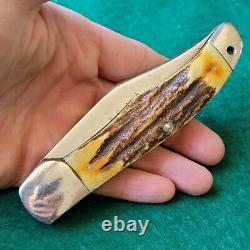 Old Vintage Antique Kabar Large Bone Stag Folding Hunter Pocket Knife