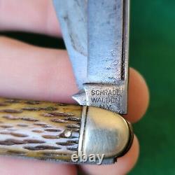 Old Vintage Antique Schrade Walden Bone Stag Cattle Folding Pocket Knife