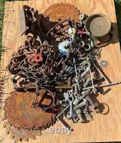 Old Vintage Antique Steampunk Lot Iron Gear Sprocket Chains Blades Nuts Bolts ++