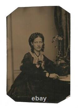 Old Vintage Antique Tintype Photo Beautiful Pretty Young Victorian Lady with Plant