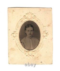 Old Vintage Antique Tintype Photo Beautiful Young Lady Teen Girl with Cameo Brooch