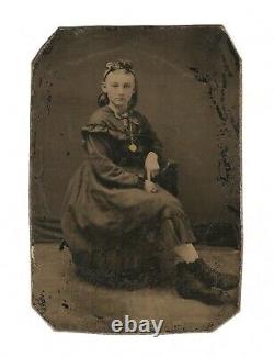 Old Vintage Antique Tintype Photo Pretty Young Victorian Lady Girl with Pendant