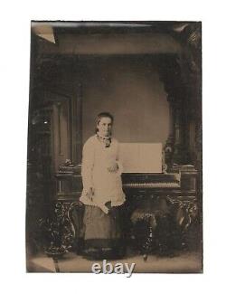 Old Vintage Antique Tintype Photo Young Lady & Musical Instrument Steinway Piano