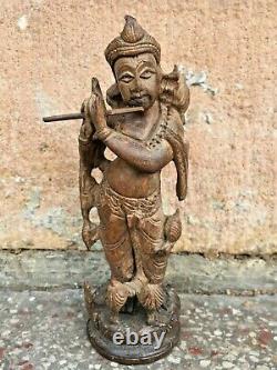 Old Vintage Hand Carved Wood Hindu God Krishna Rare Figure Statue Collectible