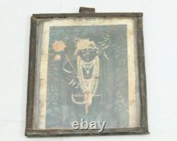 Old Vintage Litho Print Hindu God Krishna Shrinathji Picture India Tin Framed