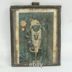 Old Vintage Litho Print Hindu God Krishna Shrinathji Picture India Tin Framed