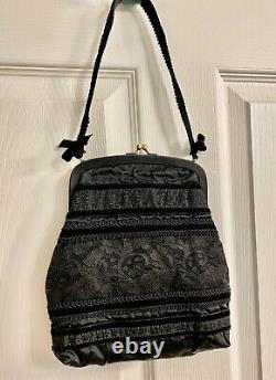 Old Vintage MOSCHINO Clutch Evening Bag Black Satin Lace Gold hardware Italy