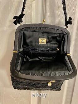 Old Vintage MOSCHINO Clutch Evening Bag Black Satin Lace Gold hardware Italy