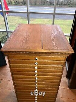 Old Vintage Oak Flat File Letterpress Jewelry Organizer Apothecary Cabinet