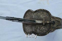 Old antique vintage Mughal Rajput/Maratha India firangi khanda silver inlay hilt