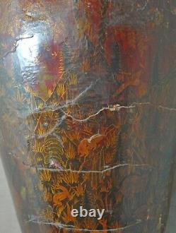 Original Old Kashmiri Antique Figurative Painted Collectors Papier Mache Vase