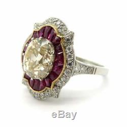 Platinum Old Mine Cushion Cut and Ruby Antique Art Deco Style Engagement Ring