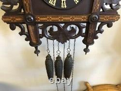 Rare Antique German Gebr-lehnis Old Hand Carved Wood Railroad Quail Cuckoo Clock