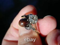 Rare Antique Quahog Pearl and Old Mine Cut Diamond Ring Early 20th Century
