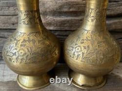 Rare Old Vintage Hand Carving Floral Design Antique Brass Flower Pot / Vase Set