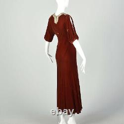 Small 1930s Silk Velvet Dress Tawny Old Hollywood Glamorous Evening Gown VTG 30s