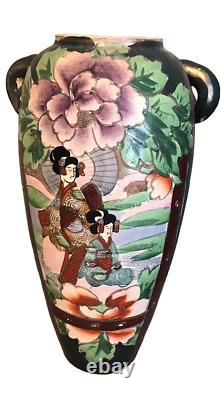 TWO 15 Old Vintage Antique Japanese Satsuma Double Handled Urn Vases Japan