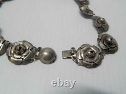 VINTAGE ANTIQUE MEXICAN SOUTHWEST STERLING SILVER ROSE NECKLACE old patina 16