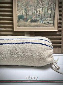VINTAGE FRENCH LINEN BOLSTER CUSHION. NEW OLD STOCK, GRAIN SACK. BLUE or RED