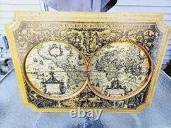 VINTAGE Masketeers Brass & Wood Old World Map Of 1628 World 31.5 x 21.5 1964