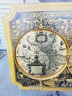 VINTAGE Masketeers Brass & Wood Old World Map Of 1628 World 31.5 x 21.5 1964