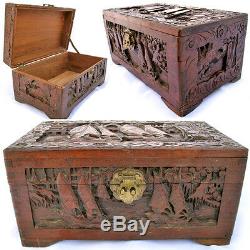 VINTAGE OLD WOOD WOODEN Jewelry Treasure BOX CARVED SCOONER SAIL Sea BOAT BOATS